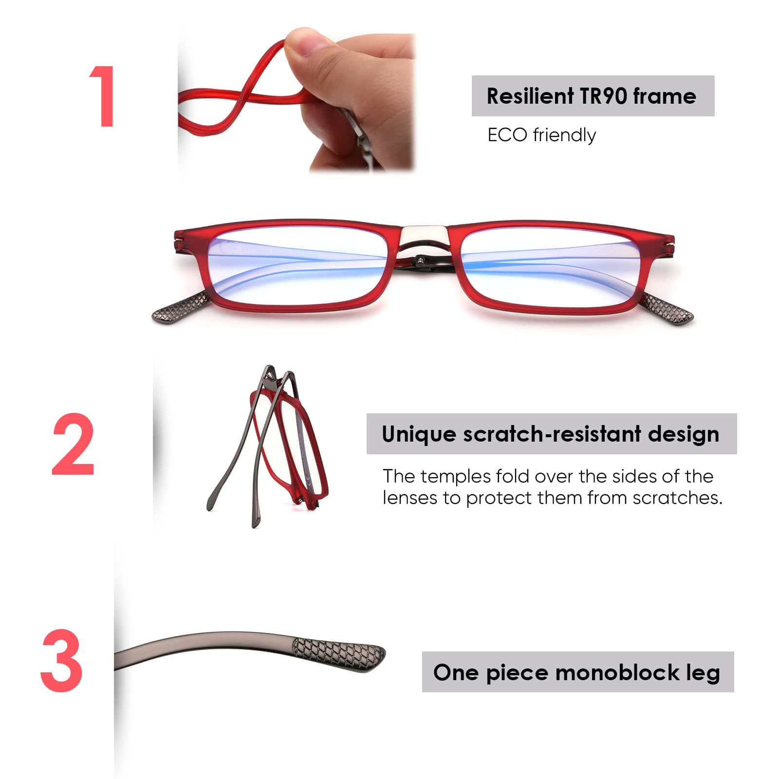 SKYOAK Evolved Folding Reading Glasses For Women Men Blue Light Blocking Anti UV Eyestrain Foldable Portable Compact Readers with Flat Hard Case Pocket Computer glasses 1.0 RED