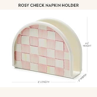 MACKENZIE-CHILDS Enamel Napkin Holder, Kitchen Napkin Holder for Table and Countertop, Pink-and-White Rosy Check