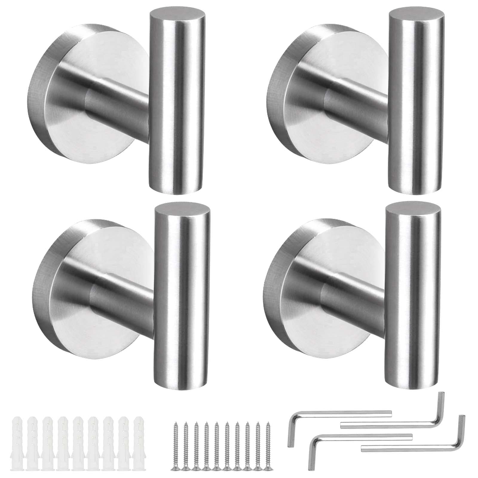 4 Pack Towel Hooks, Wall Coat Hook Bathroom Matte Sliver Robe Hook SUS 304 Stainless Steel Heavy Duty Door Hanger Clothes Cabinet Closet Sponges Hook Shower Robe Hand Hooks for Bathroom