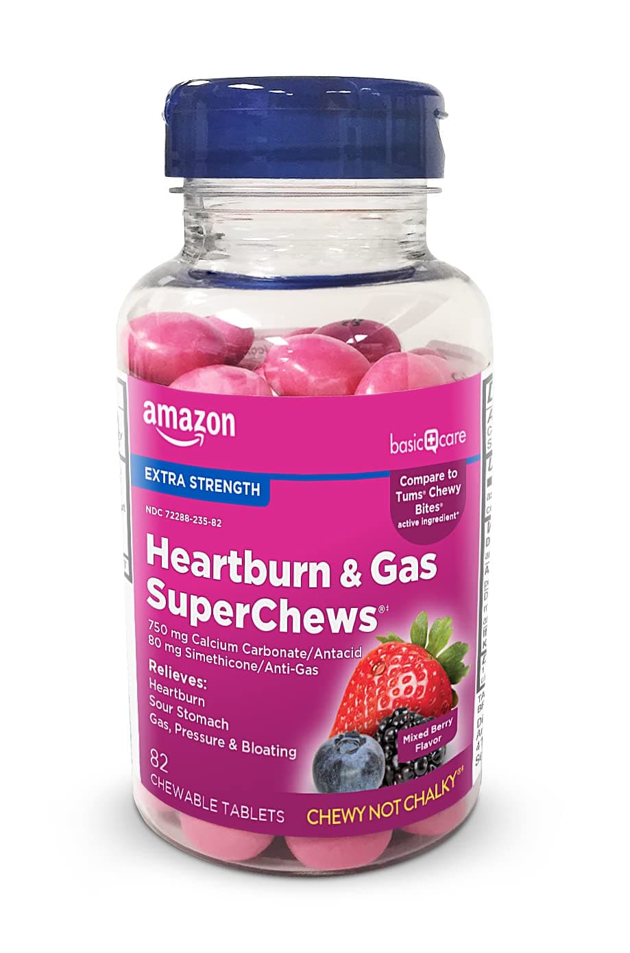 Amazon Basic Care Heartburn & Gas SuperChews Chewable Tablets, Fast-Acting Relief, Mixed Berry, 82 Count (Previously SoundHealth)