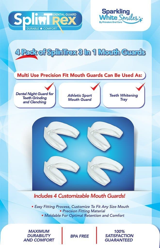 Sparkling White Smiles Splintrex Multi Use Teeth Mouth Guards - 4 Pack - Bpa Free - Teeth Grinding Dental Night Guard, Athletic Mouth Guard, Teeth Whitening Tray - Includes 4 Customizable Mouth Guards And Storage Case