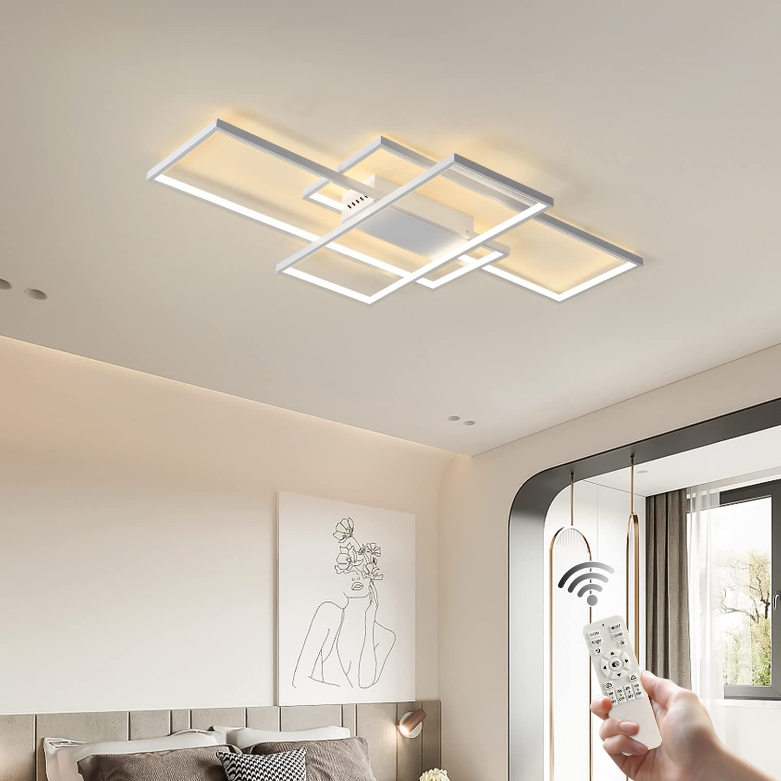 Jaycomey Dimmable Ceiling Light, 110cm Flush Mount Ceiling Lamp Remote Control Modern Chandelier, 68W Square White Acrylic Close to Ceiling Light Fixtures for Bedroom Living Room