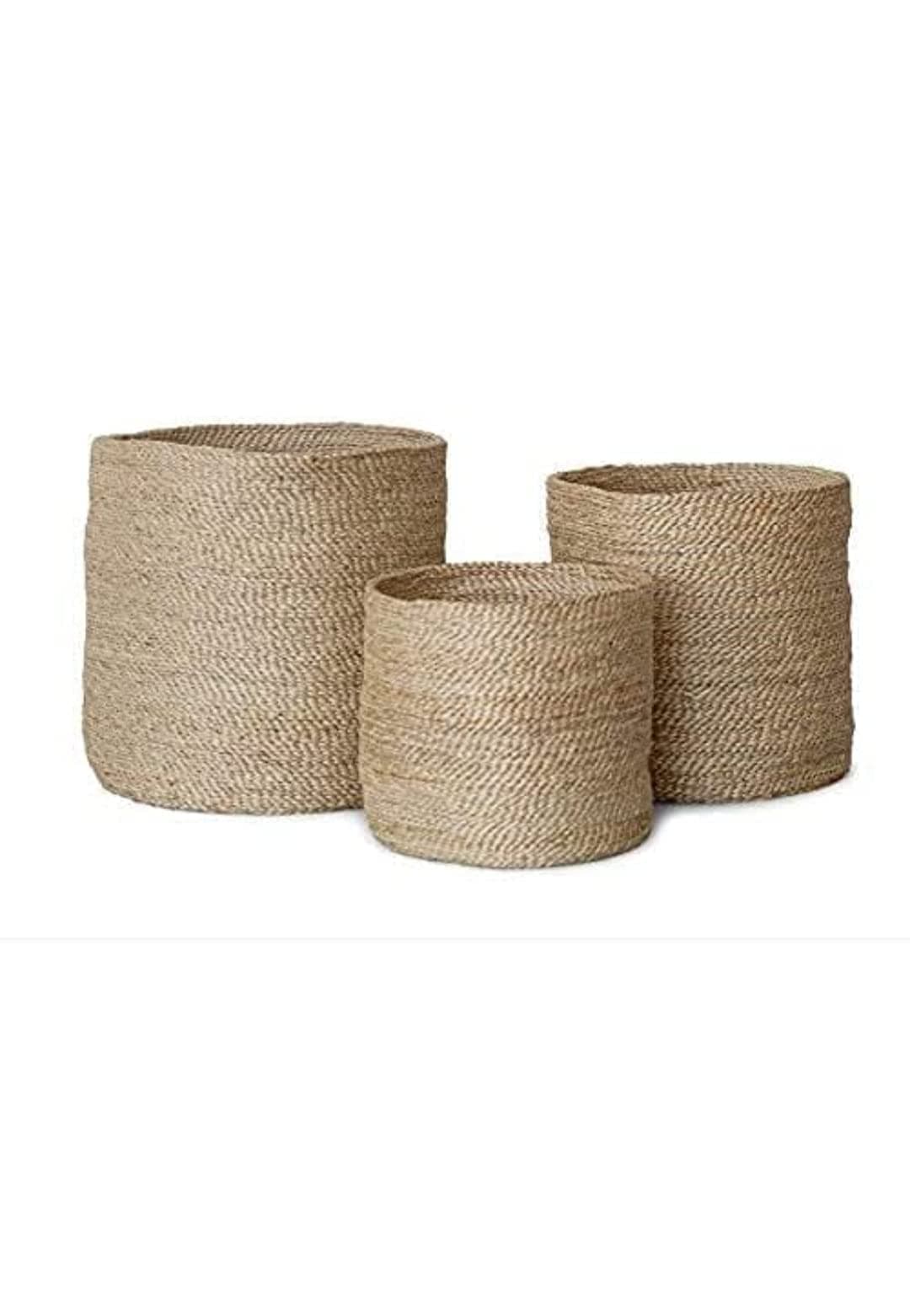 Bhuvan Handloom Jute Planter Pots/Storage Basket with Handle, Multi-Purpose use for Bathroom Living Room 10x12 (Bhuvan_15) 3 Combo Pack