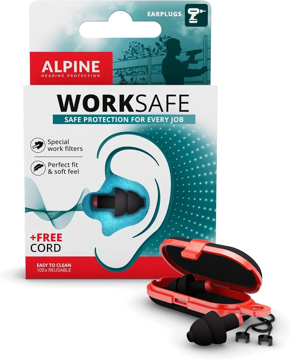 WorkSafe Ear Plugs for Work & DIY - Reduce Machine Noises with Safety Cord - Comfortable Reusable Earplugs for Maximum Ear Protection (23 dB SNR)