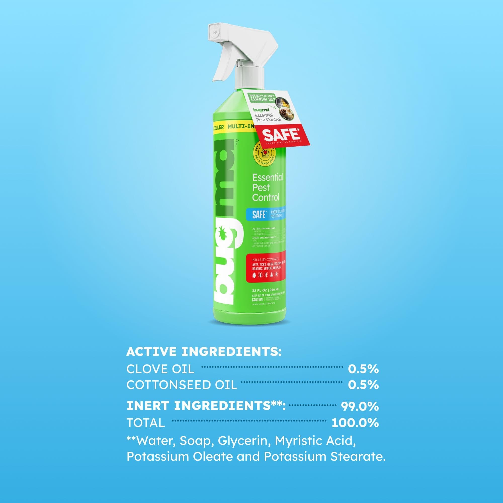 BugMD 32 oz Ant Killer & Bug Spray - Roach and Cockroach Killer Indoor, Spider and Flea Spray for Home, Fly and Insect Defense, Natural, Safe with Essential Oils, Plant-Powered, Pest Control Pack of 2