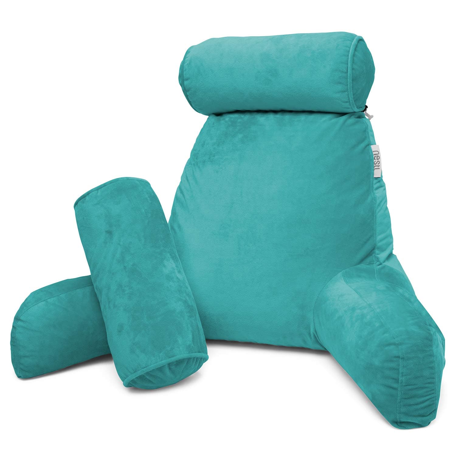 Nestl Reading Pillow, Includes 1 Extra Large Bed Rest Pillow with Arms and Pockets + 2 Detachable Pillows - Premium Shredded Memory Foam TV Pillow, Neck Roll & Lumbar Support Pillow - Set of 3 - Teal