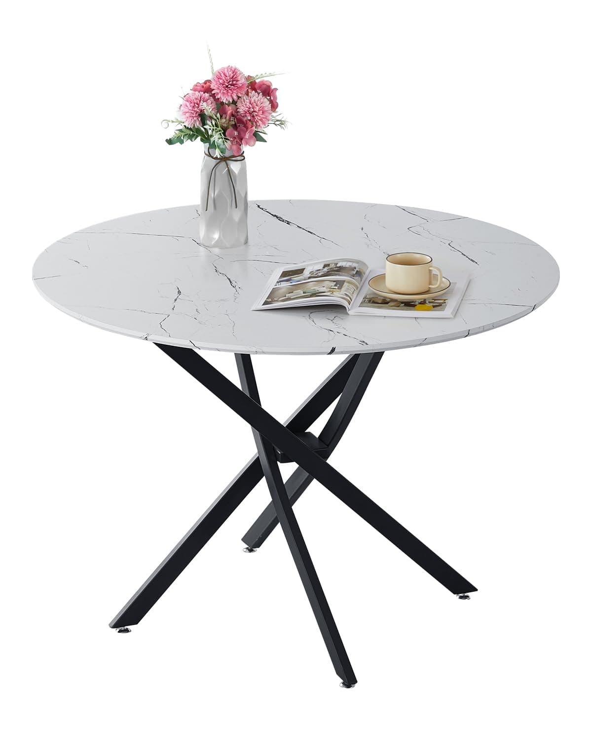 Kitchen Dining Table Round 100cm Wooden Dinner Table with White Marble Effect Top and Heavy Duty Black Metal Frame for Home Living Dining Room Kitchen Restaurant