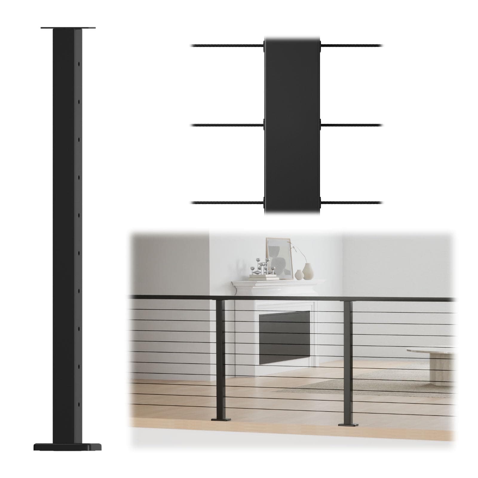 Level drilled Cable Railing Post 36"x2"x2" Fixed top Level Line Post Top Mount Black Finish Stainless Steel Wood Concrete Level Deck, PS02 BH4S