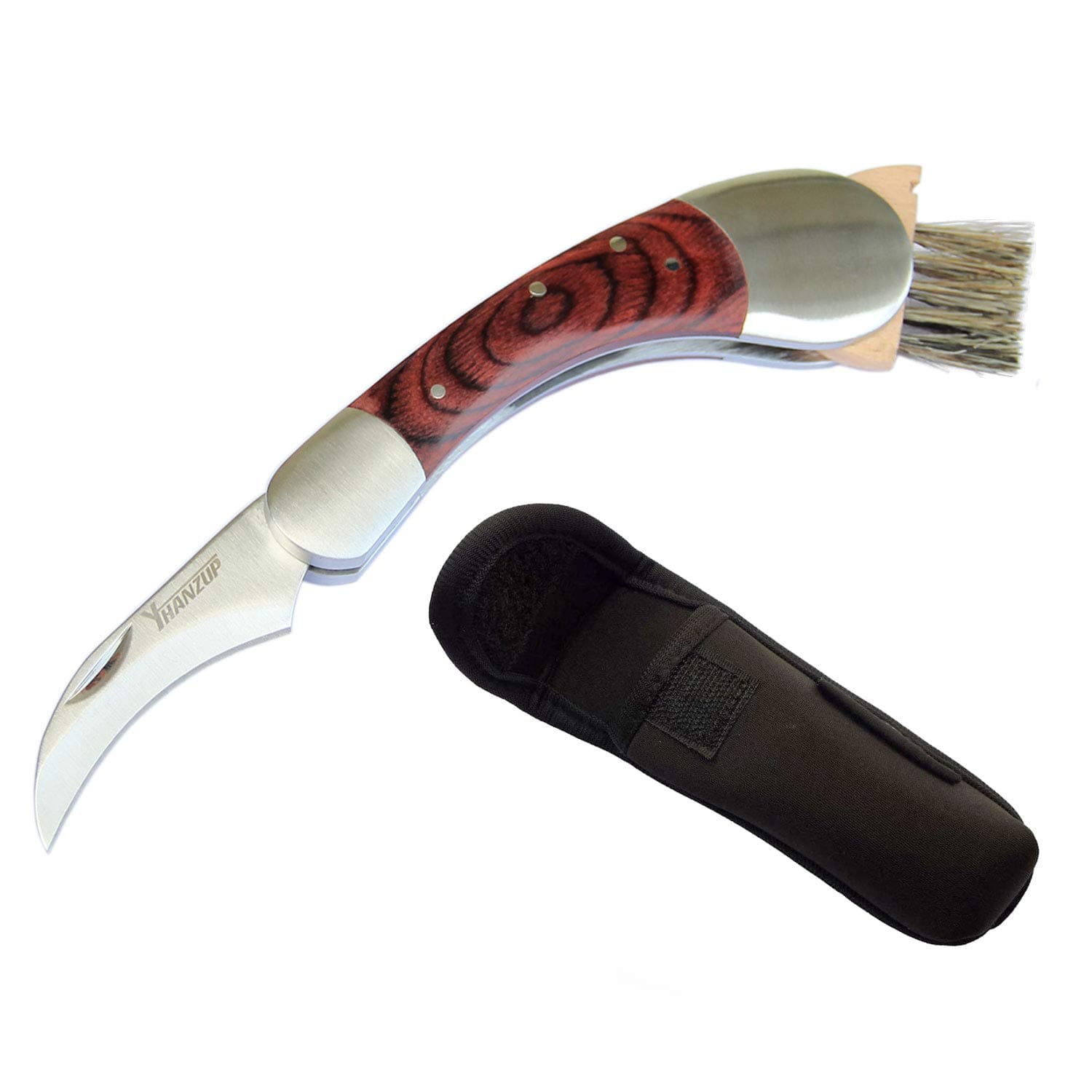 Folding Mushroom Knife with Neoprene Pouch Solid Wood Handle and Foldable Cleaning Brush