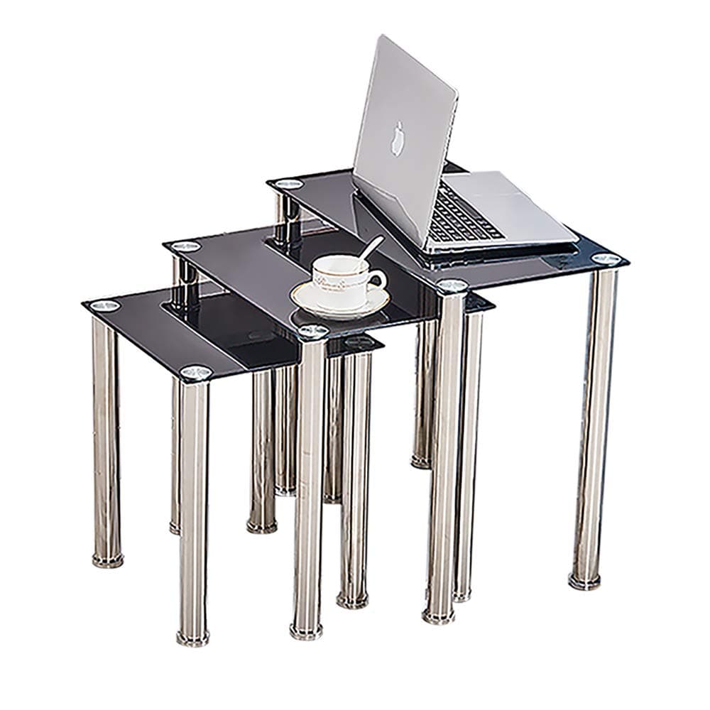 Small Glass Nesting Table Rectangular Nest of 3 End Table with Stainless Steel Legs Set of 3 Coffee Sofa Side Table for Livingroom Bedroom Office Nested Table Black