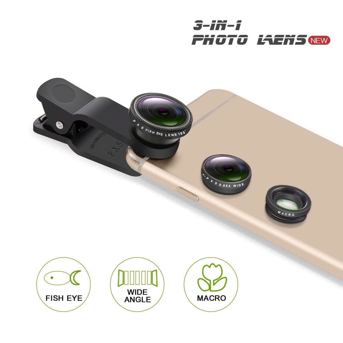 PLAY X STORE Universal 3 in 1 Cell Phone Camera Lens Kit Fish Eye Lens / 2 in 1 Macro Lens & Wide Angle Lens Universal Clip (Black)