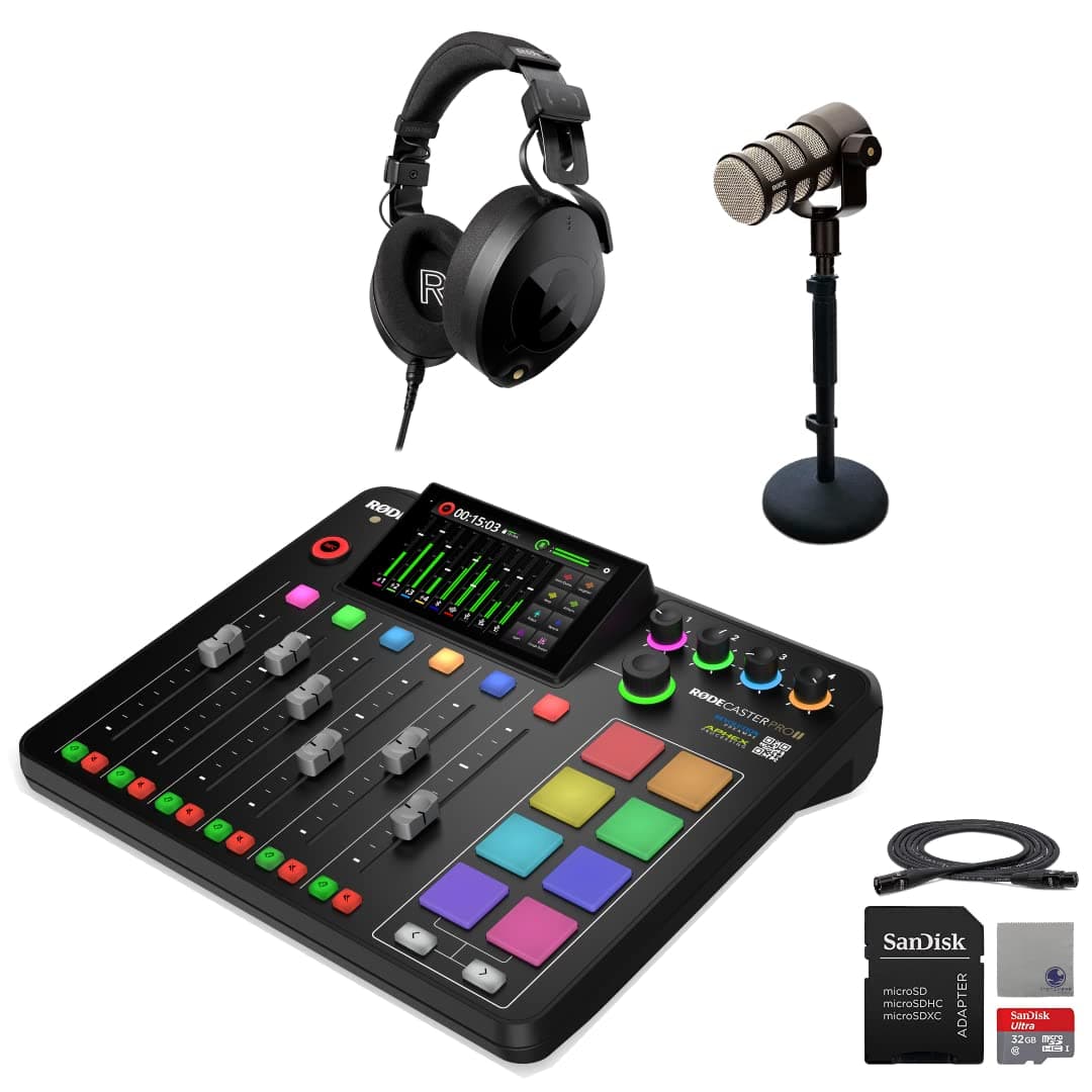 Rode RODECaster Pro II Integrated Audio Production Console with Rode PodMic, NTH-100 Studio Headphones, DS1 Microphone Stand, 32GB microSD Card, XLR Cable and StreamEye Cloth
