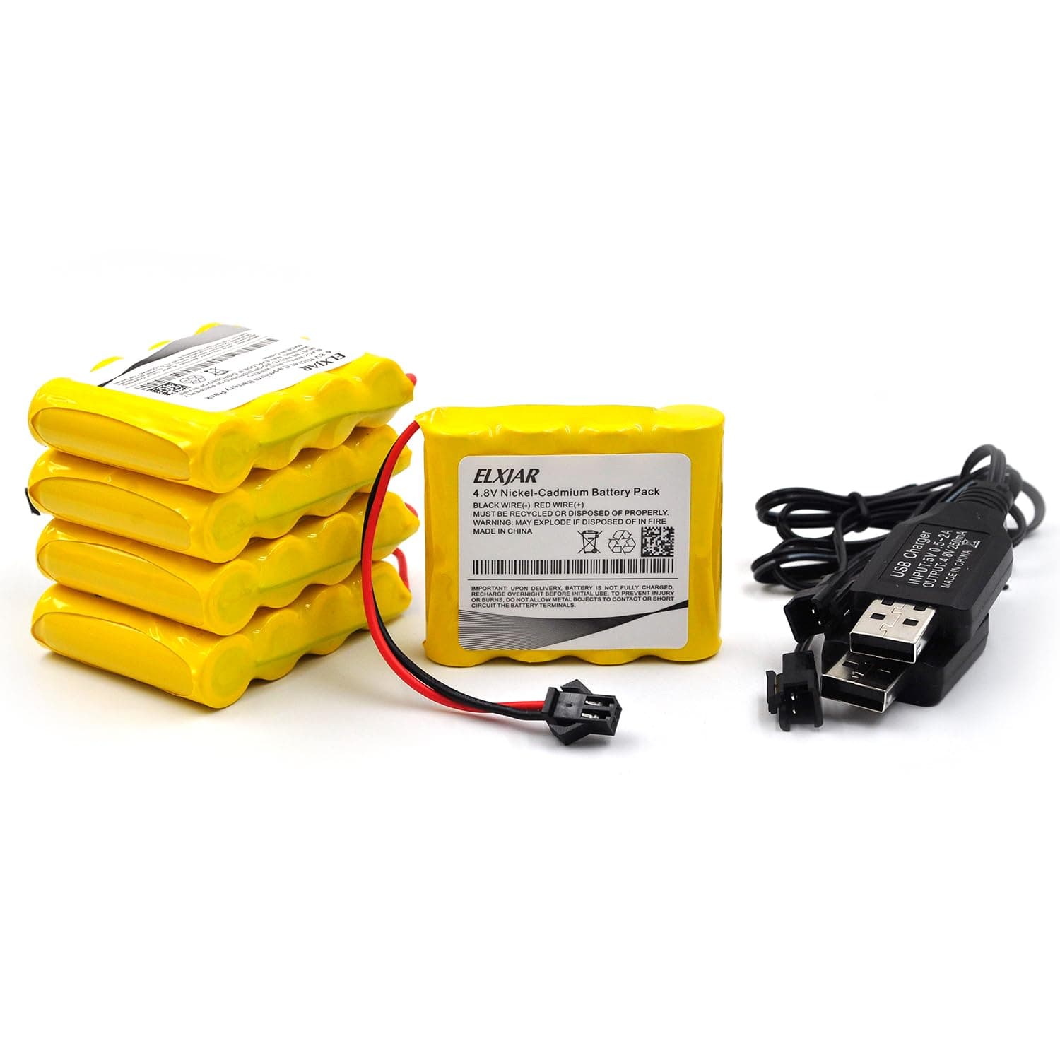 (5-Pack) 4.8V AA 600mAh Ni-Cd Battery Pack Compatible with 1/18 RC Truck Car Rock Off-Road Four Wheels Race Car SM-2P Plug USB Charging Cable Rechargeable Battery