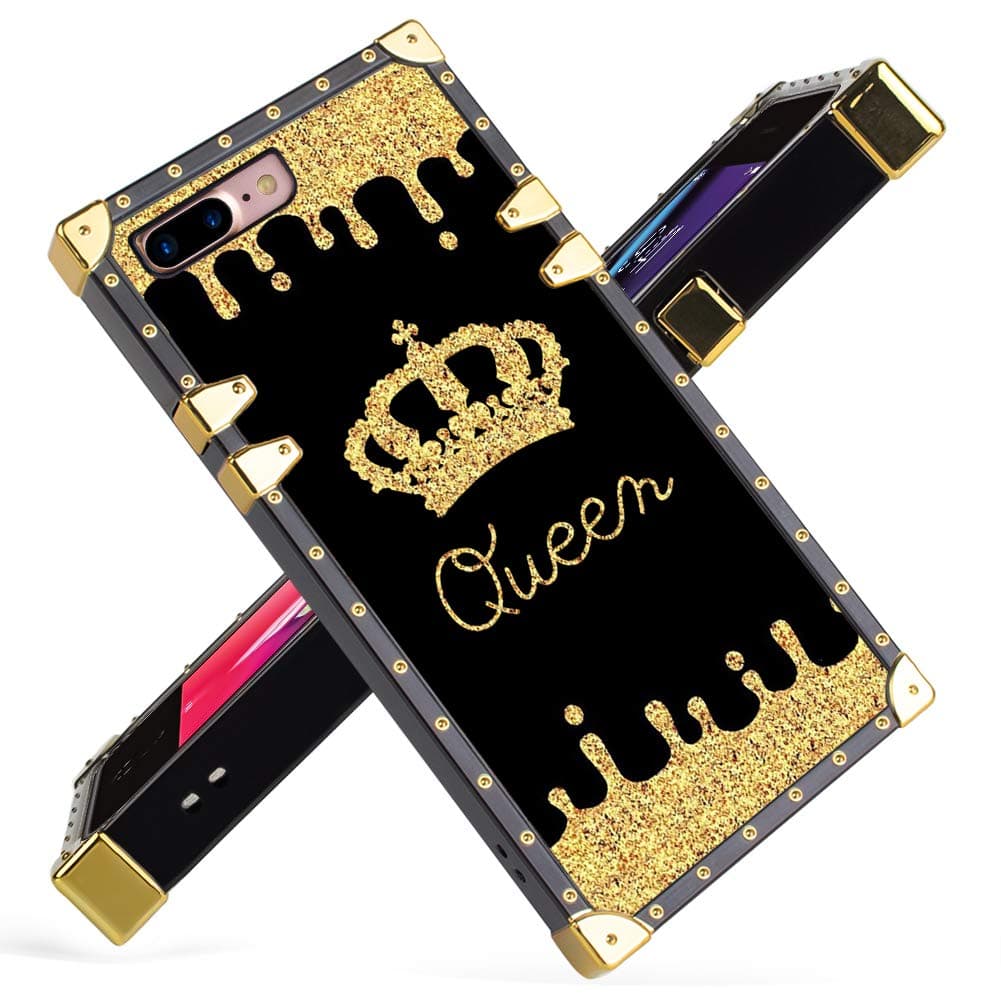 Fiyart Designed for iPhone 7 Plus, iPhone 8 Plus Case Luxury Queen Golden Crown Gold Glitter Square Soft TPU Wrapped Edges and Hard PC Back Stylish Classic Retro Case 5.5 inch