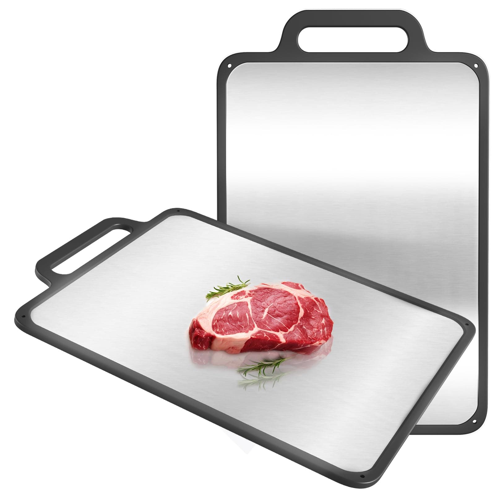 Double-Sided Cutting Board, 15.27" x 9.6", Premium 304 Stainless Steel Chopping Board for Meat, Vegetables, and Seafood, Non-Slip Design, Juice Grooves, Dishwasher Safe with Easy Grip Handle (Black)