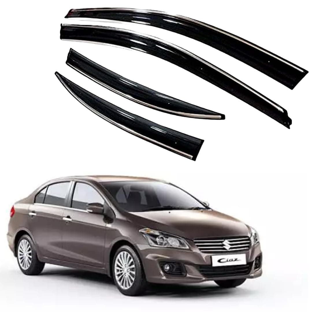 ROYALTECH Premium Chromeline & Silverline Unbreakable Car Rear Window Wind Deflectors & Side Door Visor Rain Guard Compatible with (Maruti Suzuki Ciaz (2014-2017))