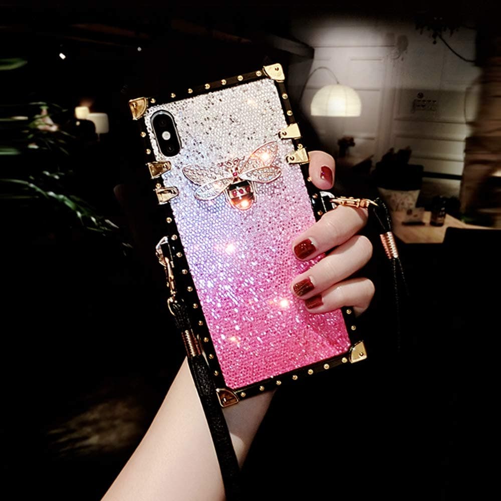 KAPADSON for iPhone 11 Pro MAX 6.5" Glitter Cute Butterfly Girly Bling Sparkle Gradient Premium Shockproof Protective Shell Skin Cover Case with Crossbody Strap - Pink
