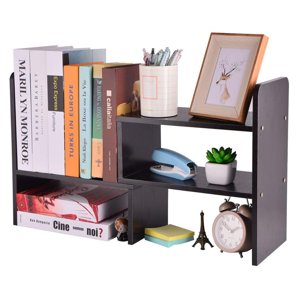 Adjustable Wood Desk Storage Organizer Desktop Arc Rounded Corner Display Shelf Rack Bookshelf Multipurpose Counter Top Wooden Bookcase for Office Accessories Kitchen Children Study Supplies (Black)