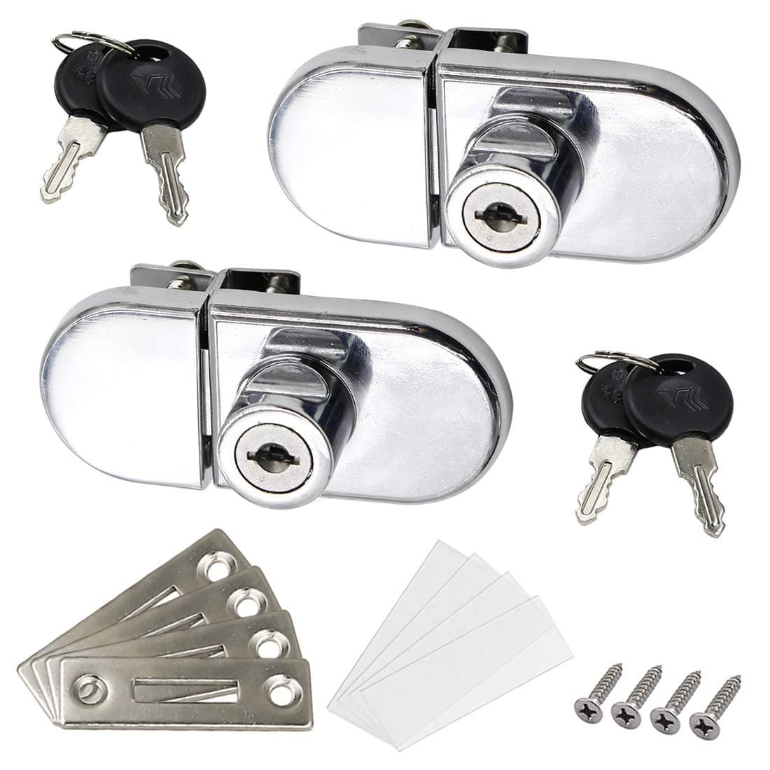 LC LICTOP No Drill Showcase Lock for 0.2-0.3 inch Glass, Key Alike - Door to Door Mounting, 2 Sets Chrome Oval 3.35 x 1.49 Inch, Zinc Alloy Glass Lock for Display Cabinet or Jewelry Case