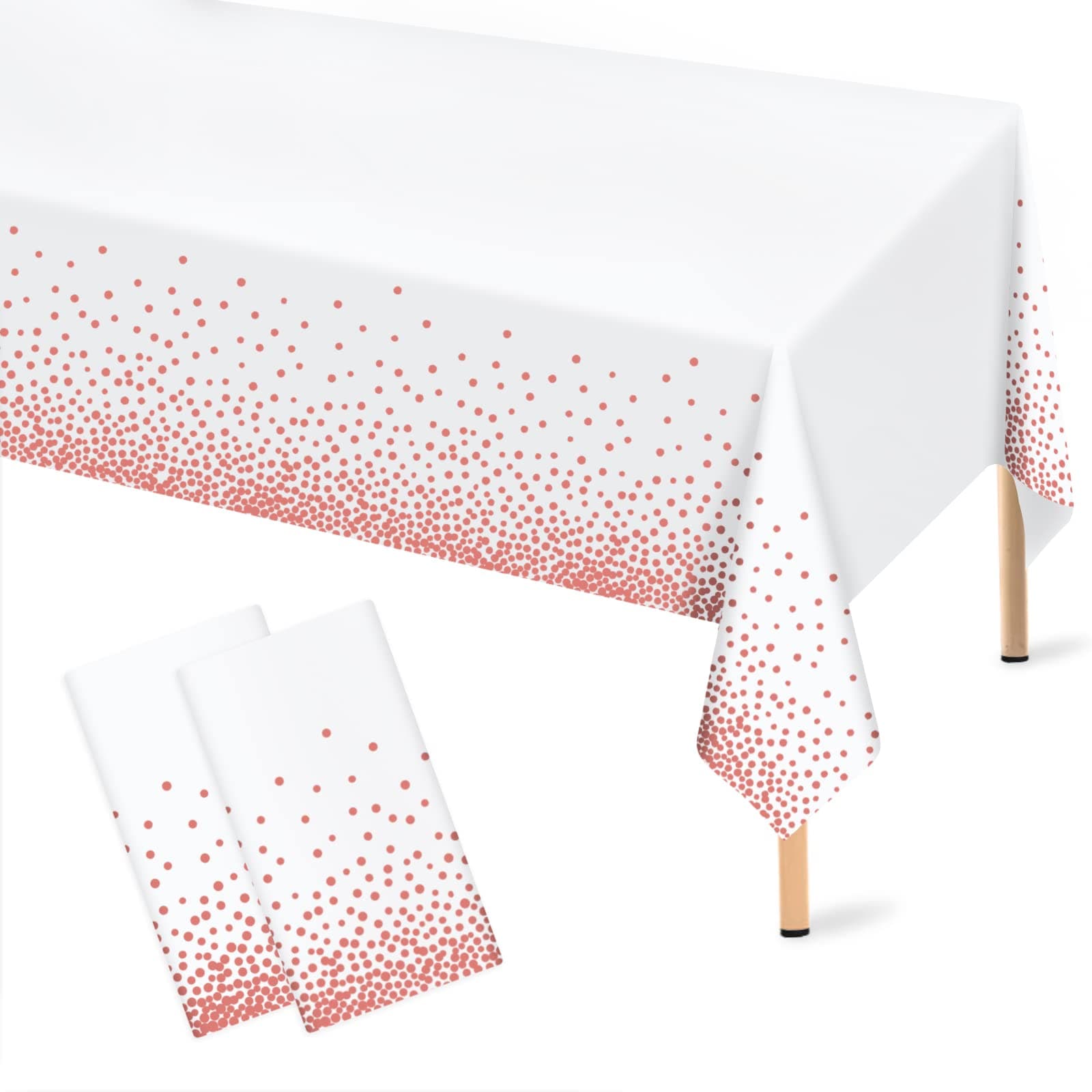 Rose Gold Polka Dot White Tablecloth, 2 Pcs Disposable Plastic Table Cloths, Rose Gold Confetti Table Cover for Birthday Parties Wedding Anniversary Baby Shower Fine Dining Decor 54 × 108 inches