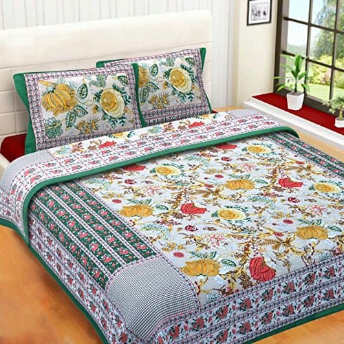 Gemsandcraft King Size Double Bed Sheets Rajasthani Flower Bed Sheets Double Bed Covers Hand Print 100% Cotton Bed Sheets Traditional Jaipuri Bedsheet with Two Pillow Covers Exclusive Code908