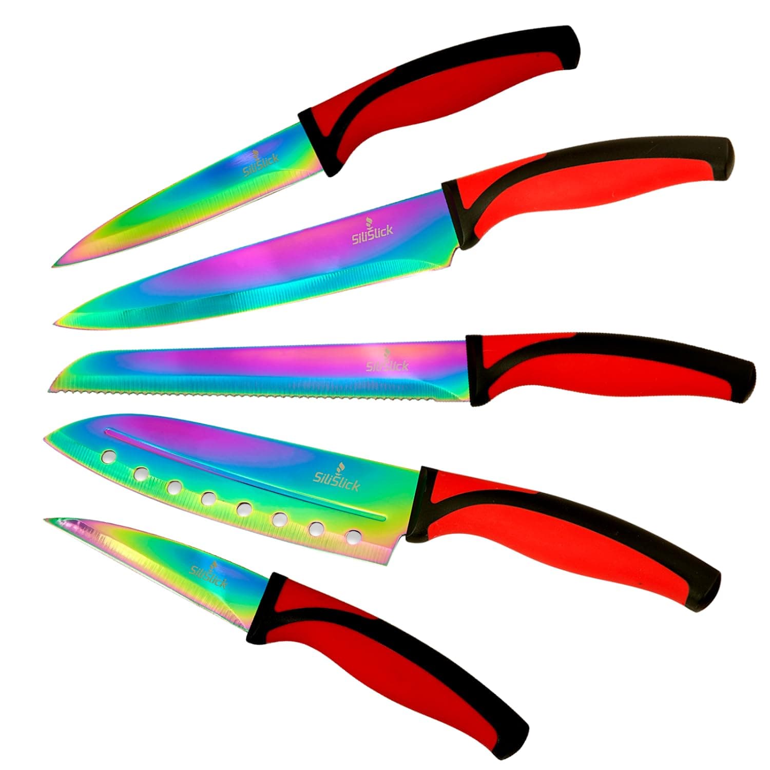 SiliSlick Kitchen Knife Set - 5 Elegant Knives, Chef Quality, SS Blades With Ergonomic Handles, Rainbow Effect, Titanium Coating & Safety Sheath (Red Handle)