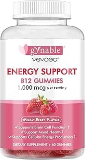 Vitamin B12 Gummies,Energy Support, Nervous System Health Support,Mixed Berry Flavor, 1000mcg,Gelatin-Free, Gluten-Free, Vegan & Non-GMO 60 Count, 1 Month Supply
