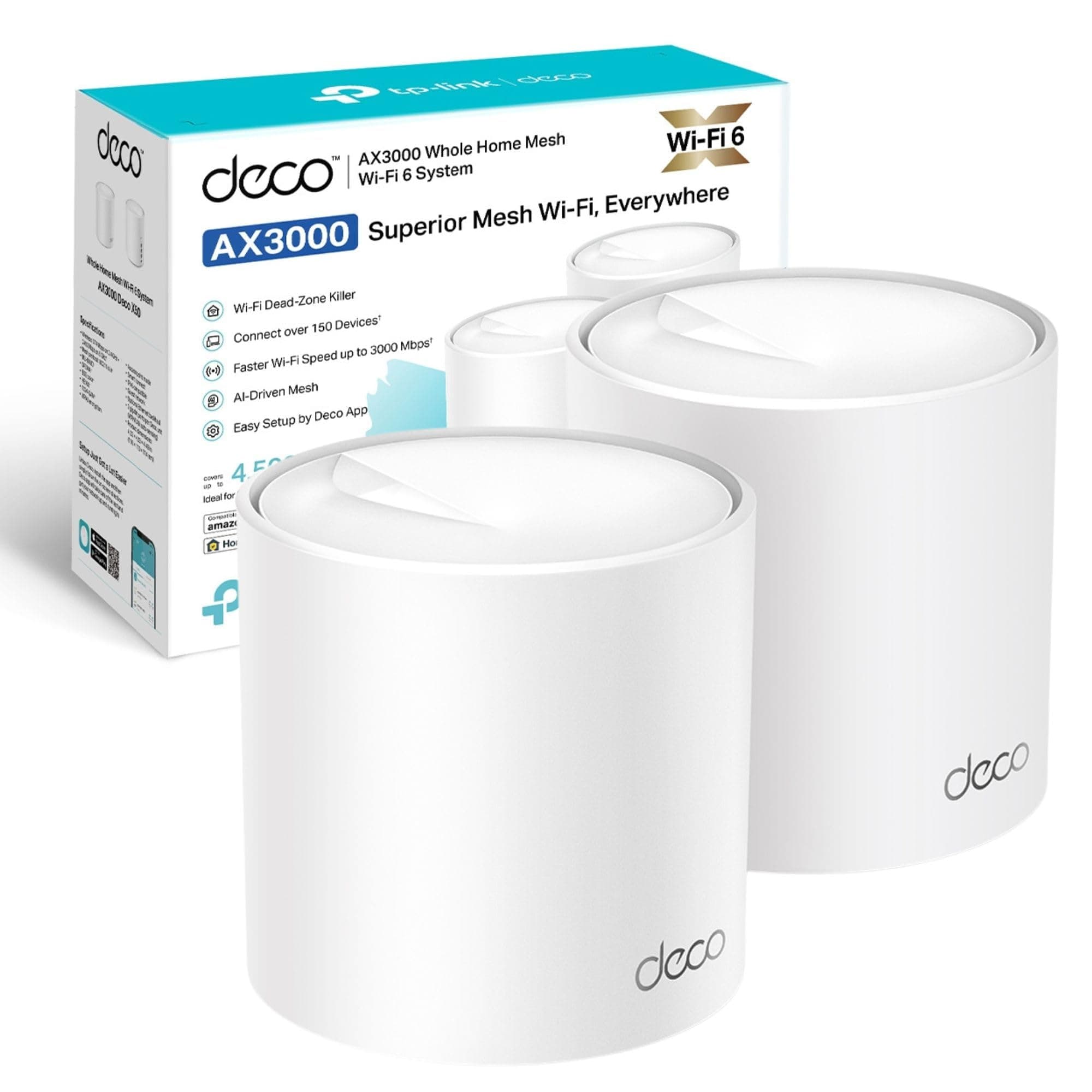 TP-Link Deco X50 AX3000 Whole Home AI-Driven Mesh Wi-Fi 6 System, Dual Band With Gigabit Port (2 Pack)