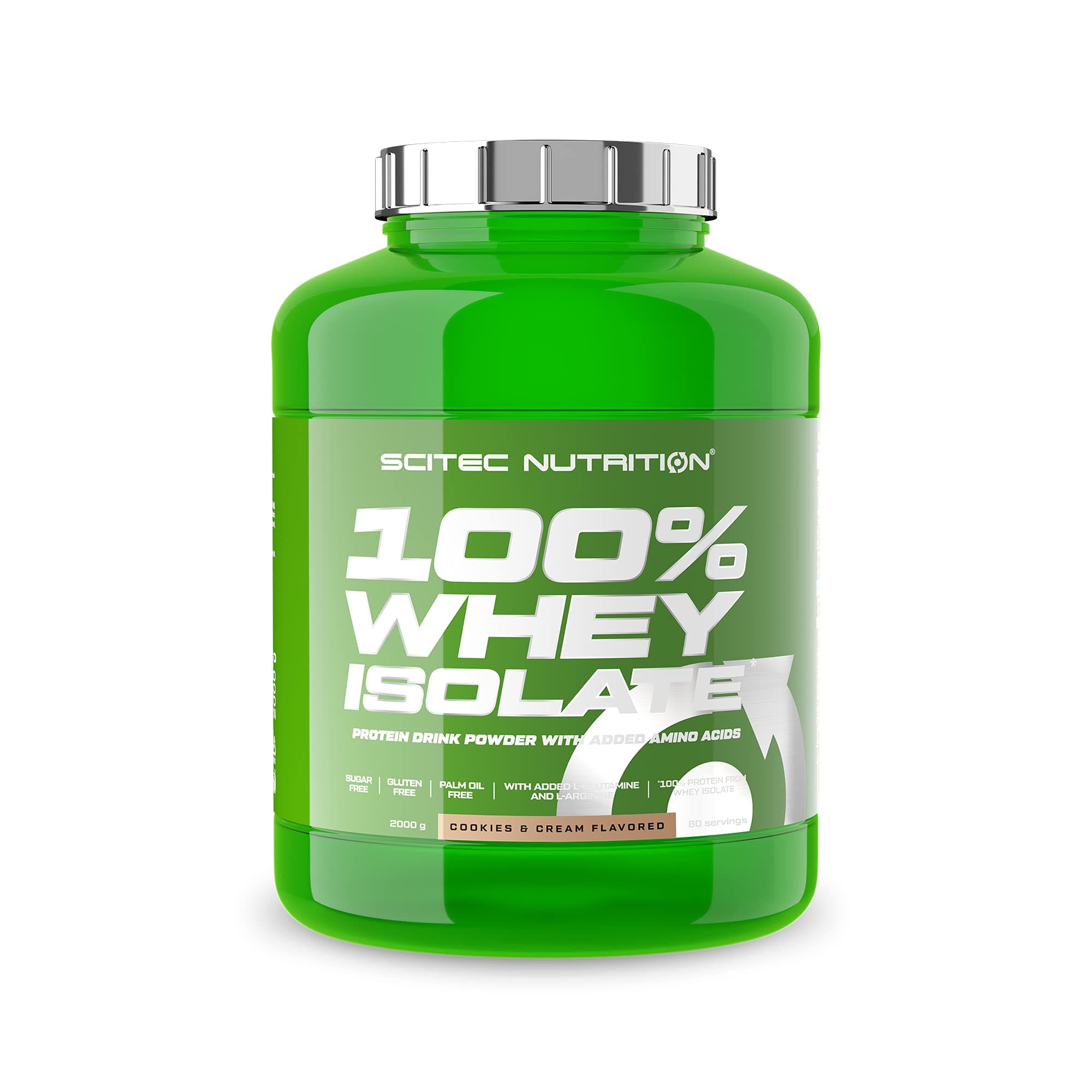 100% Whey Isolate, Flavored Drink Powder with Whey Protein Isolate, L-Glutamine, L-Arginine and Sweeteners, Sugar-Free, Gluten-Free and Palm Oil-Free, 2 kg, Cookies & Cream