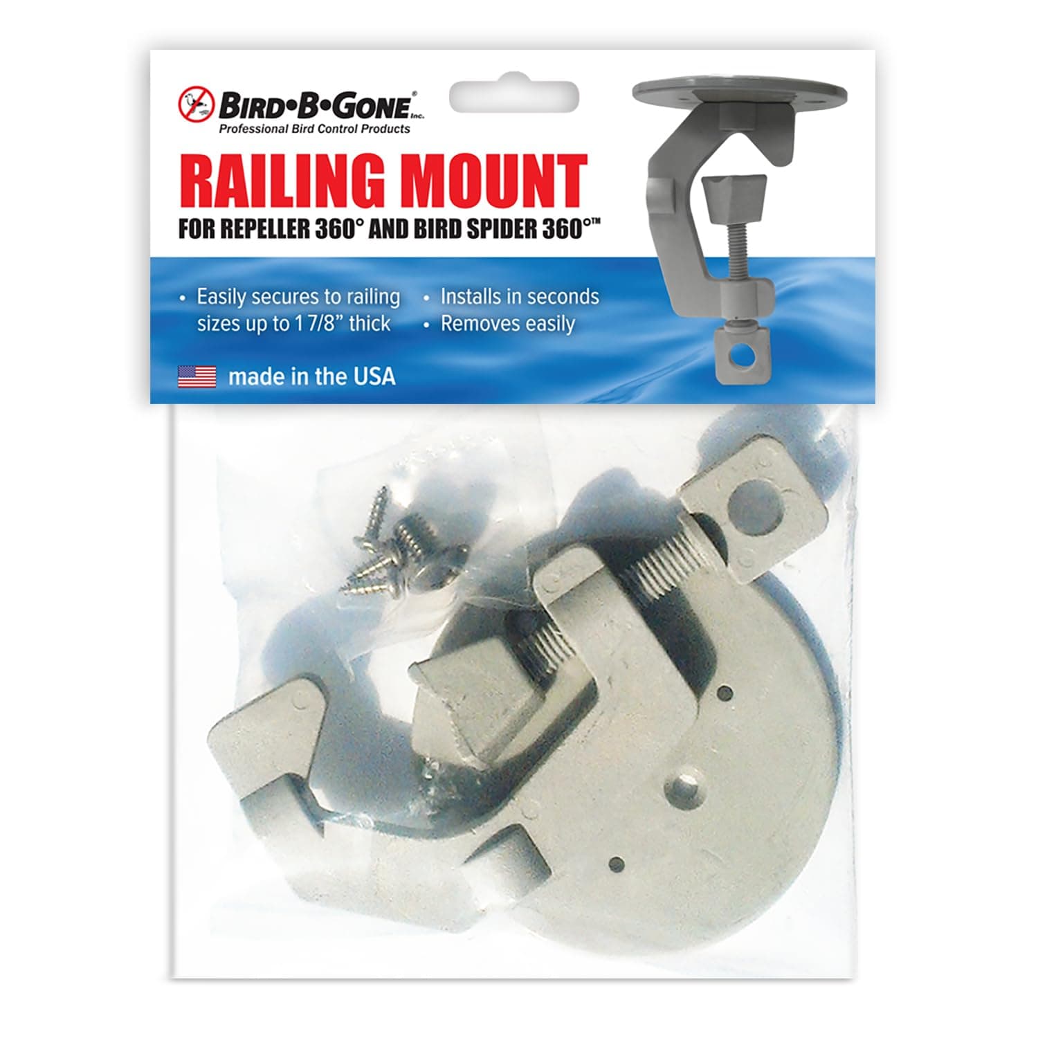 Bird B GoneRailing Mount - Adjustable Clamp-On Design for Bird Spider 360 & Repeller 360 - Fits Rails up to 1-7/8" - for Boat Railings, Pole Fences, & More - Easily Removable - Hardware Included