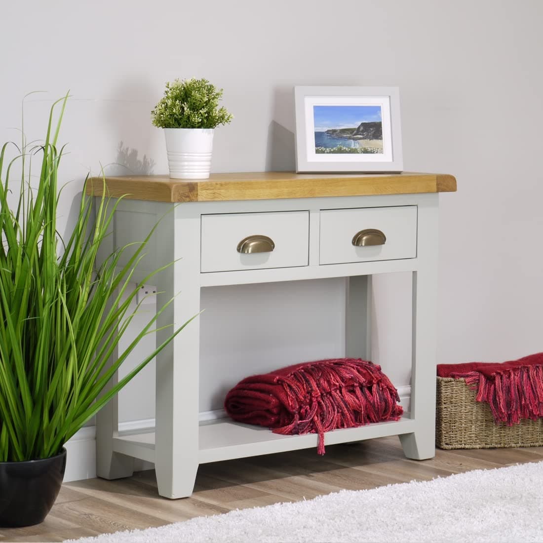 Arklow Painted Oak Grey Telephone Console Table With 2 Drawers & Shelf/Living Room Storage