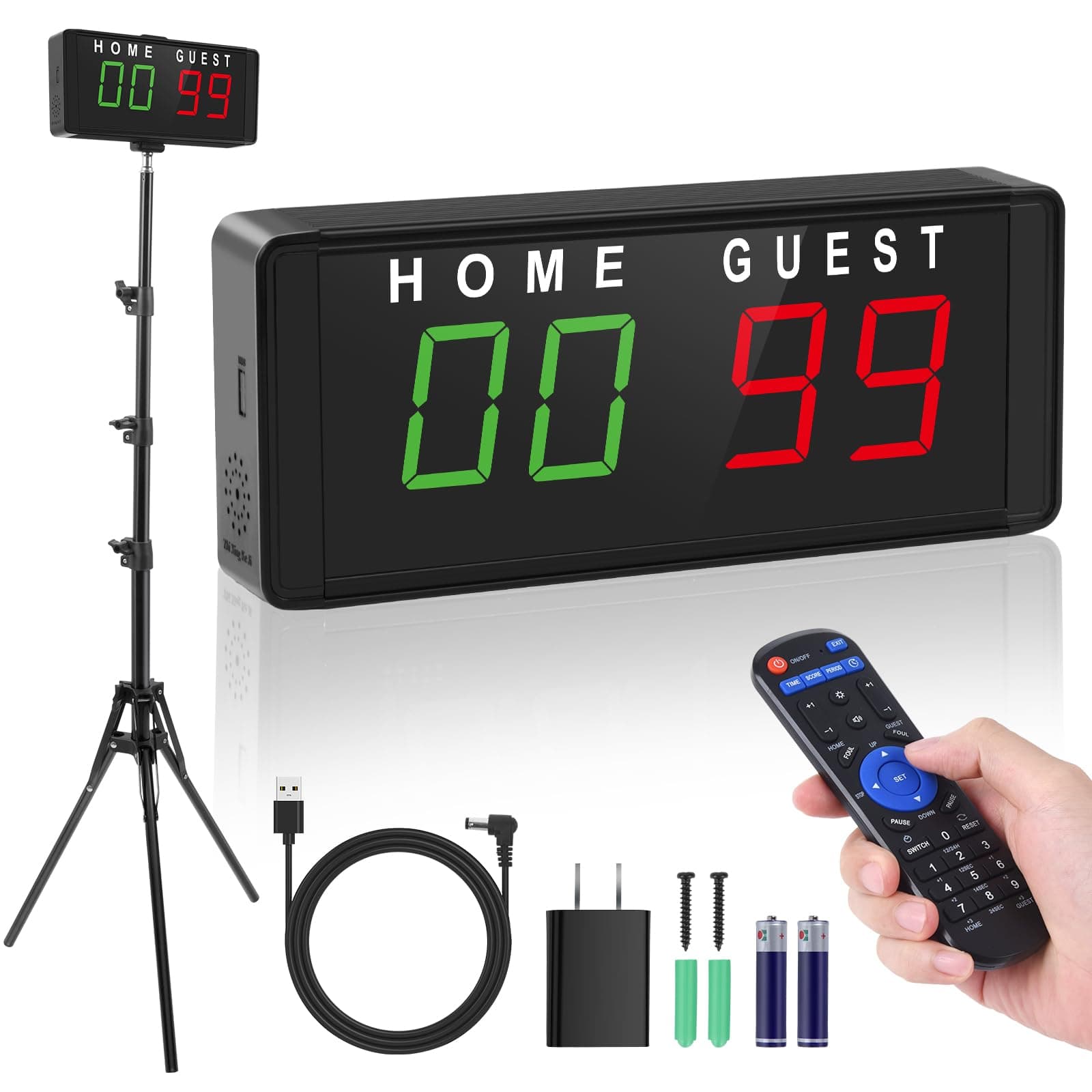 Samshow LED Electronic Scoreboard Digital Score Keeper with Remote & Tripod, Basketball Scoreboard with Shot Clock & Timer & 12/24h Real Time for Football/Corn Hole/ping Pong/Table Tennis