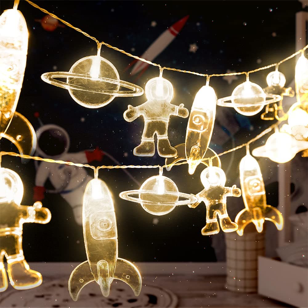 50 LED Children's Room LED String Light Astronaut Spaceship Rocket Pendants Holiday Party Lights Wall Window Nursery or Kids Room Decor Wedding Around The Party Christmas (Warm White)