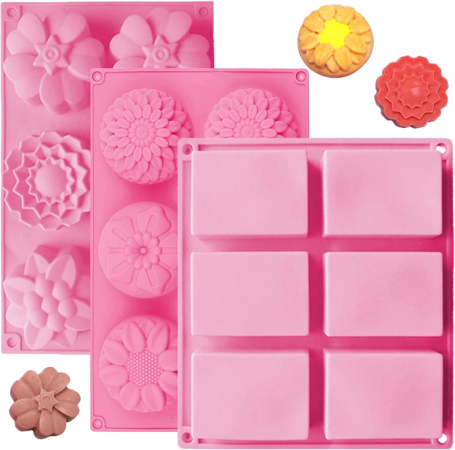 3 Pack Silicone Soap Molds,6 Cavities Silicone Baking Mold,Rectangle and Different Flower Shapes, Perfect for Soap Making, Handmade Cake Chocolate Biscuit, Pudding. BPA Free (Pink)