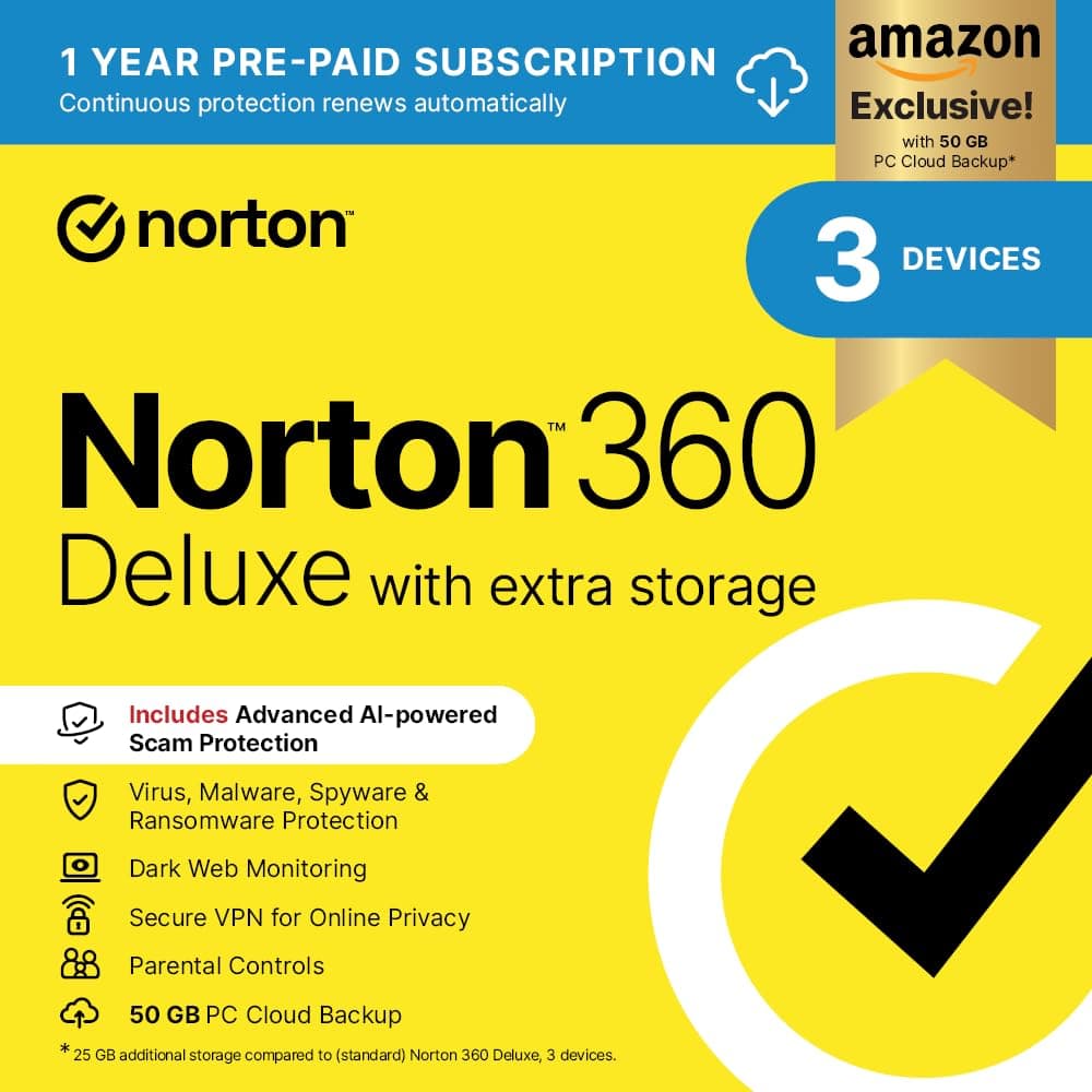 Norton 360 Deluxe with Extra Storage, 25 GB Extra Cloud Backup, Antivirus Software for 3 Devices and 1-year Subscription With Automatic Renewal