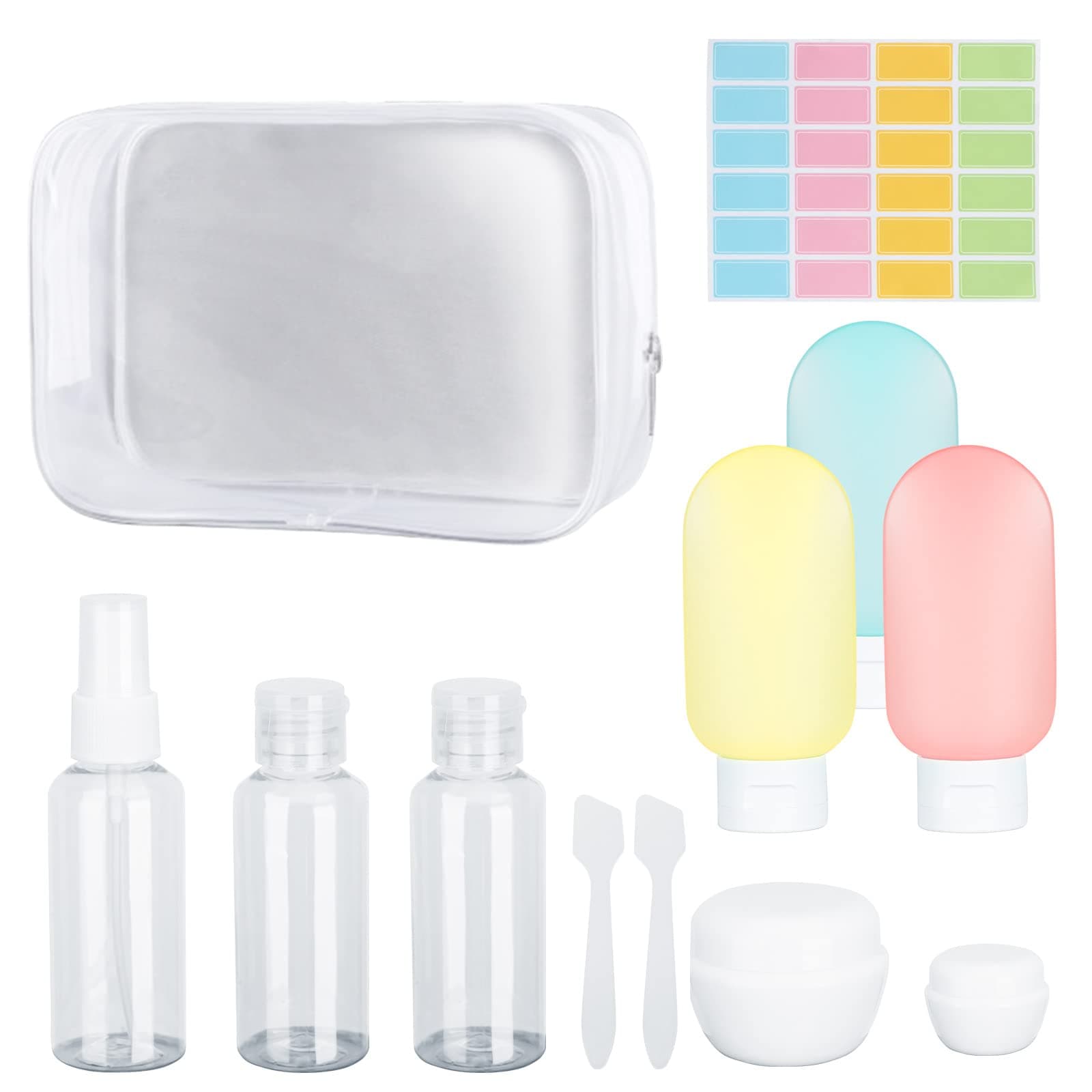 Darbermu Travel Bottles Set - 12 Pack Leak Proof Refillable Squeezable Containers with Spray Bottles, Pots for Toiletries, Lotion, Cream, Shampoo (60ml)