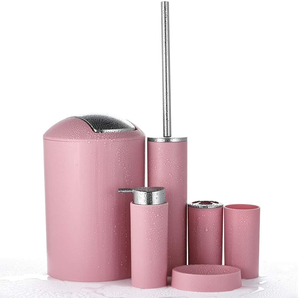 JOTOM 6 Piece Plastic Bathroom Accessory Set Modern Design Bath Accessories Bath Set Lotion Bottles,Toothbrush Holder,Tooth Mug,Soap Dish,Toilet Brush,Rubbish (Pink)