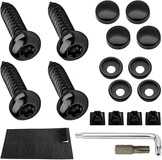 YALOK Anti Theft License Plate Screws Kits- Rustproof Stainless Steel Car Tag Plate Mounting Hardware, M6 (1/4") Tamper Proof Fastener Nut, Caps Cover for Front Rear Frame Holder Mounting（Black-Set4）