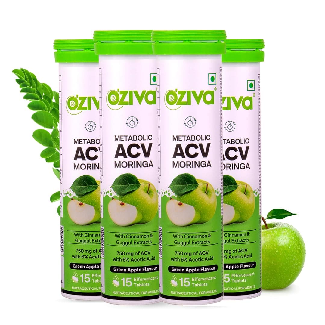 ACV Moringa | Control Cravings I Apple Cider Vinegar, Cinnamon, Guggul I No Maltodextrin & No Added Sugar I 15 Effervescent Tablets - Green Apple, Pack of 4 (60 tablets).