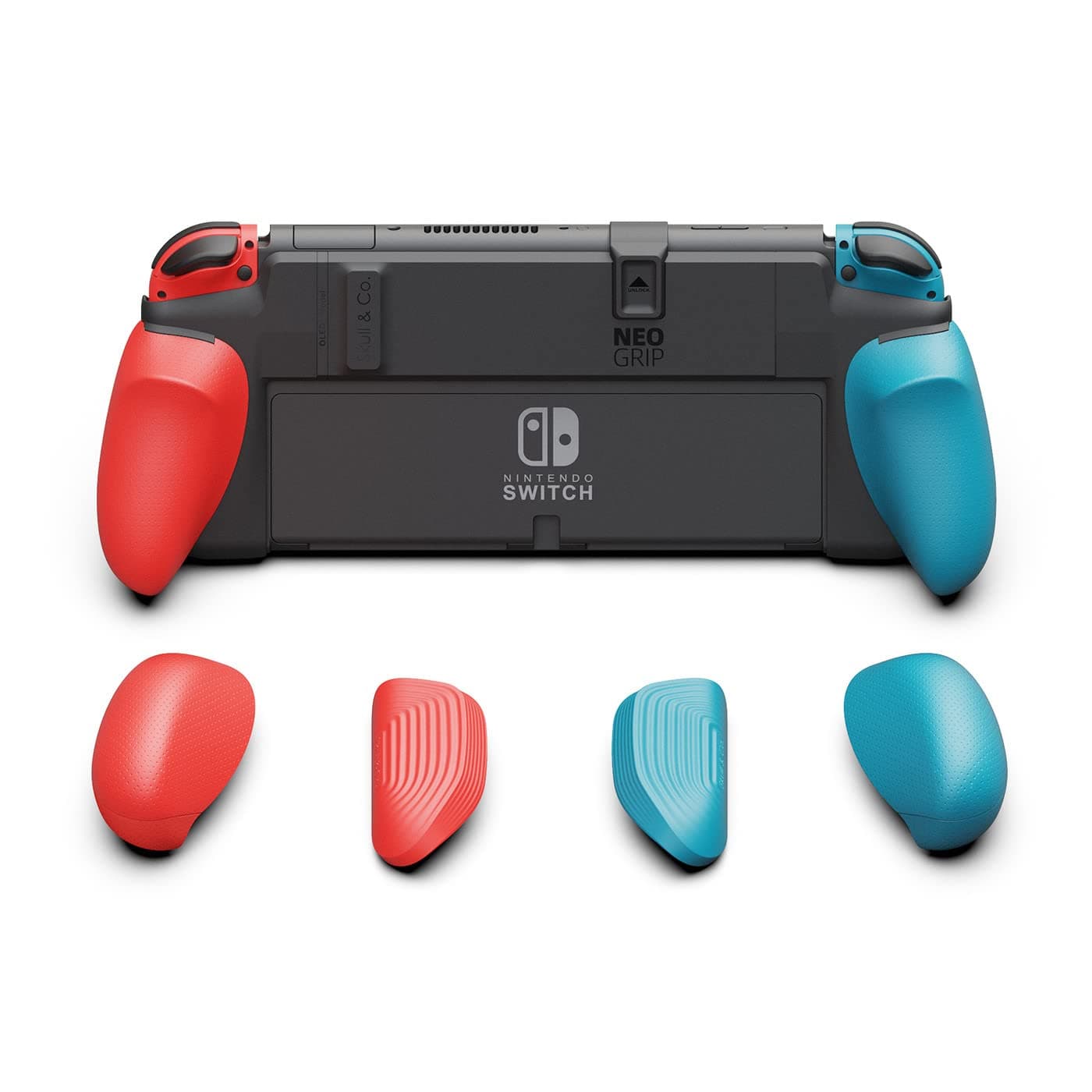 Skull & Co. NeoGrip: An Ergonomic Grip Hard Shell with Replaceable Grips [to fit All Hands Sizes] for Nintendo Switch OLED (2021) and Regular Model (2017) [No Carrying Case] - Neon Blue(L)+Neon Red(R)