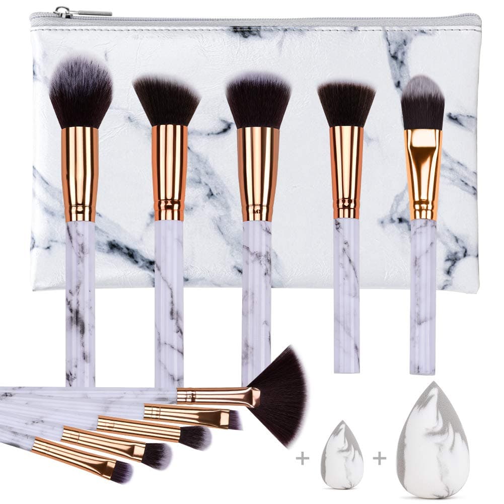10pcs Marble Makeup Brushes with 2 Makeup Sponge and 1 Cosmetic Bag