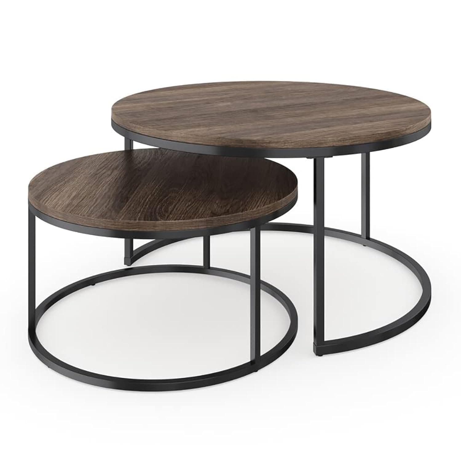 Round Coffee Table Set of 2, Multi-functional Side Table Nesting Table with Steel Frame and Wooden Top, for Living Room, Bedroom, Balcony, Dark Walnut, Easy Assembly, 80x45cm & 60x35cm