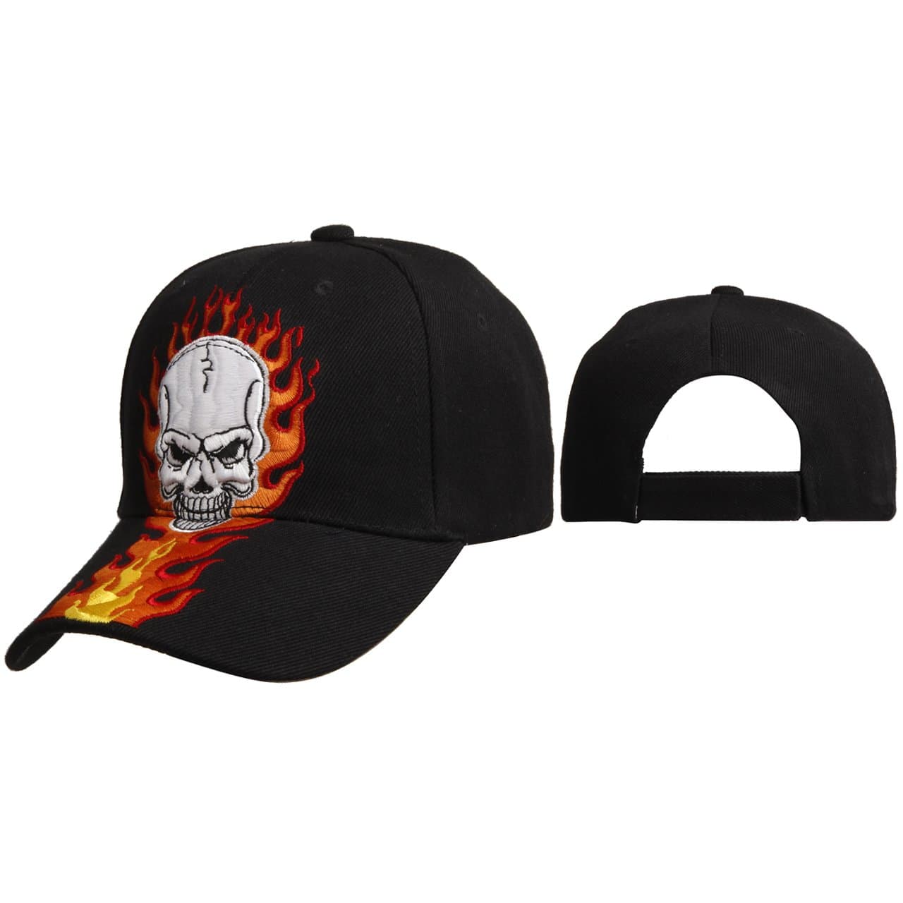 Skull & Flames Baseball Cap Hat Light Gray/ Black with High Density 3D Embroidery on front panel, Adjustable (Black)