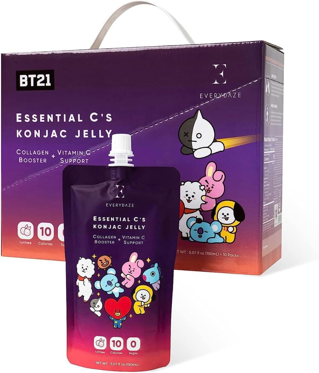 E EVERYDAZE BT21 Essential C’s Collagen + Vitamin C Konjac Jelly | Vegan, 10 Calories, 0 Sugar | Lychee | 10 Packs | Healthy Diet Pouch Drinkable Snack Drink, Weight Management