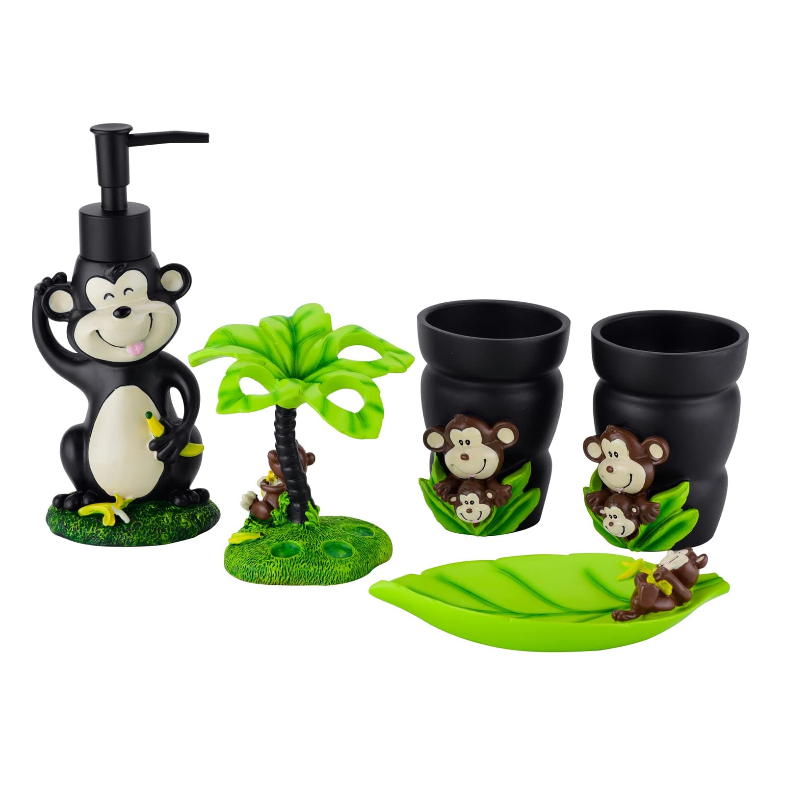 Bathroom Accessories Set 5 Pcs,Black Bathroom Sets Accessories Monkey Look Bathroom Vanity Countertop Accessory Set with Lotion Soap Dispenser,Toothbrush Holder,Bathroom Tumbler for Kids