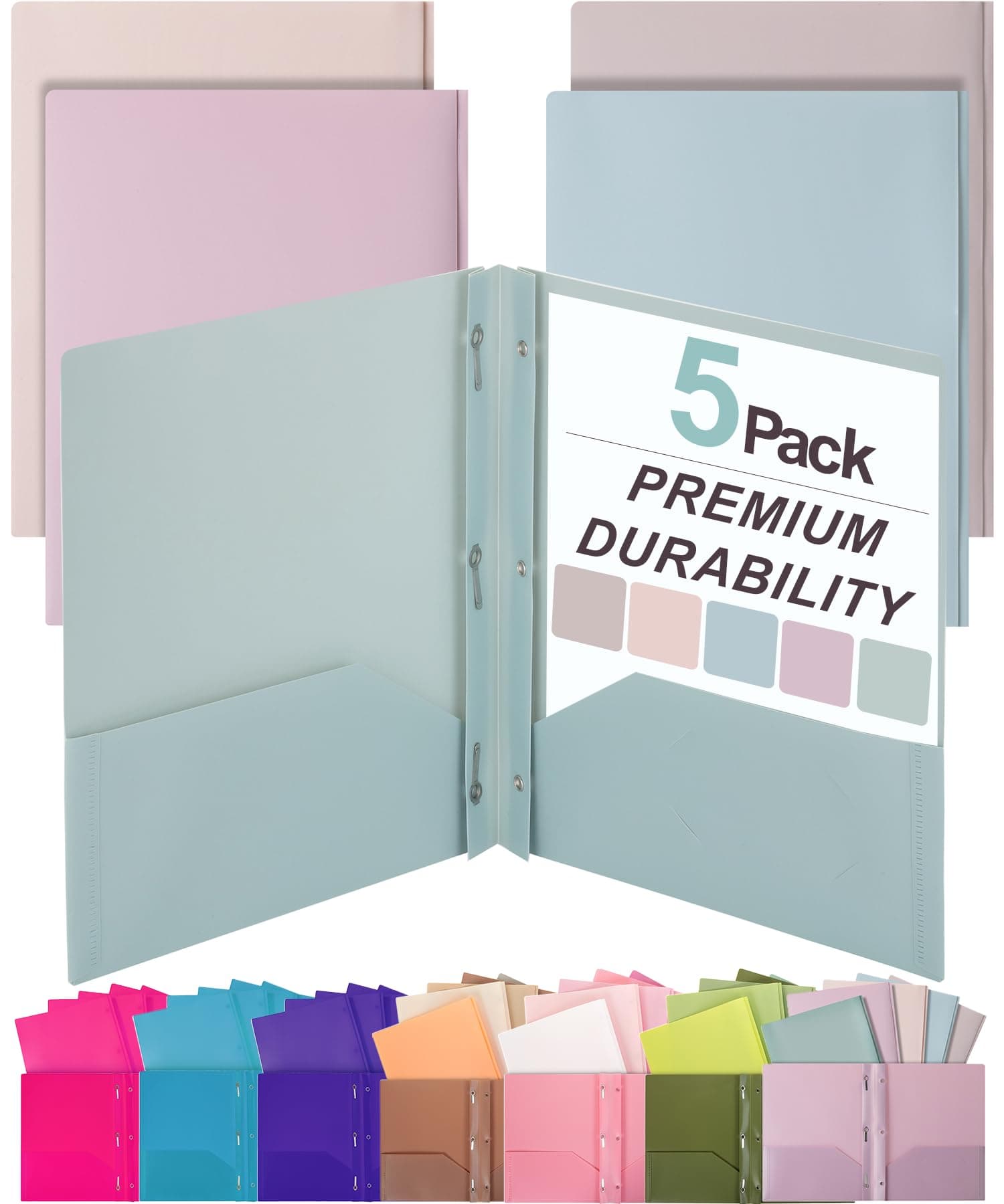 Mr. Pen- Plastic Folders with Pockets and Prong, 5 Pack, Muted Pastel Colors, Pocket Folders with Prongs and Fasteners, 2 Pocket