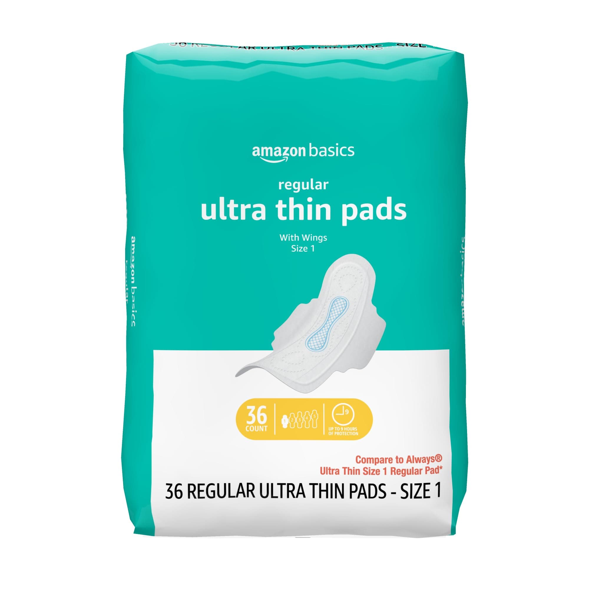 Amazon Basics Regular Absorbency Feminine Pads for Women, Ultra Thin with Flexi-Wings, Unscented, Size 1, 8-Hour Protection, Leak Prevention, 36 Count