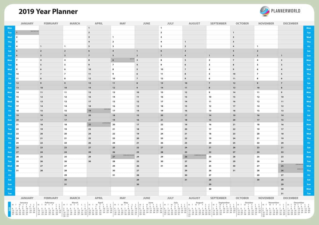 2019 Anual Wall Planner, Laminated (Blue A2 Rolled)