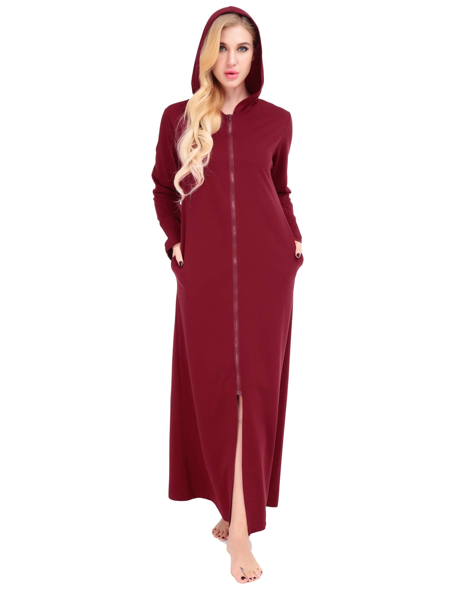 Dromild Zip Front Robe for Women Plus Size Cotton Full Length Nightgowns Nightdress NightwearS-XXL