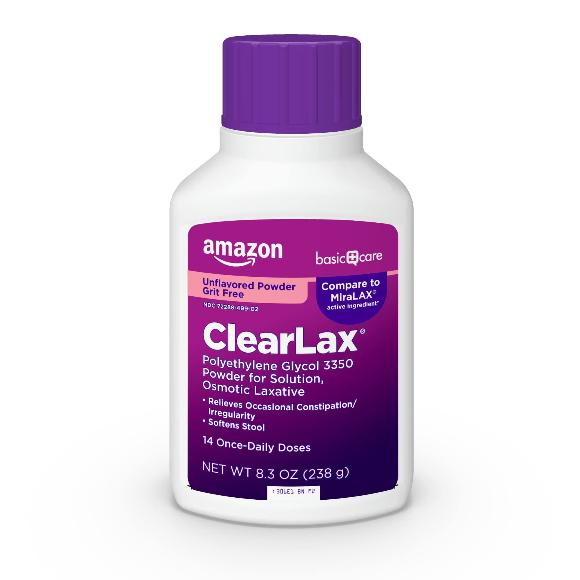 Amazon Basic Care ClearLax, Polyethylene Glycol 3350 Powder for Solution, Osmotic Laxative, Unflavored, 8.3 ounce (Pack of 1)